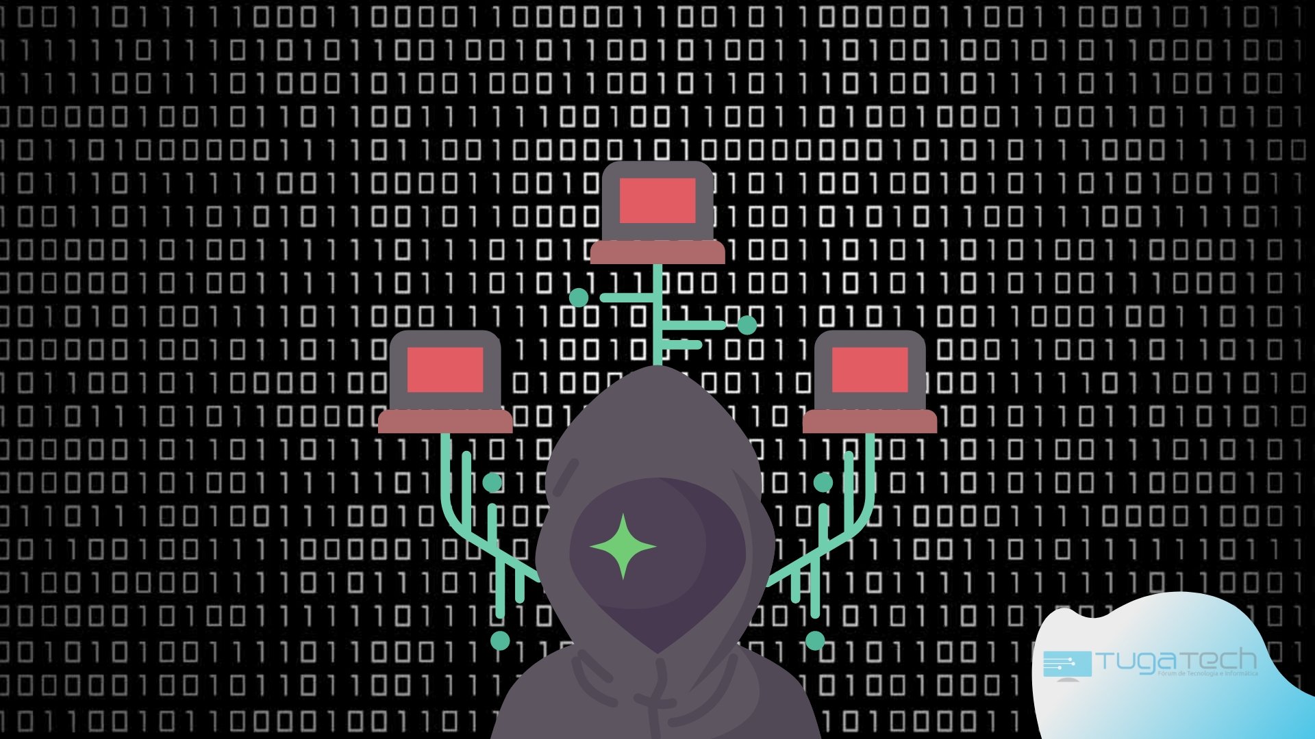 Hacker sobre controlo de computadores em fundo de código binário