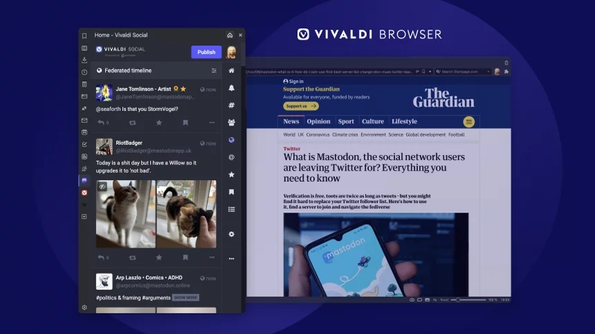Vivaldi e Mastodon abertos sobre uma funcionalidade do navegador