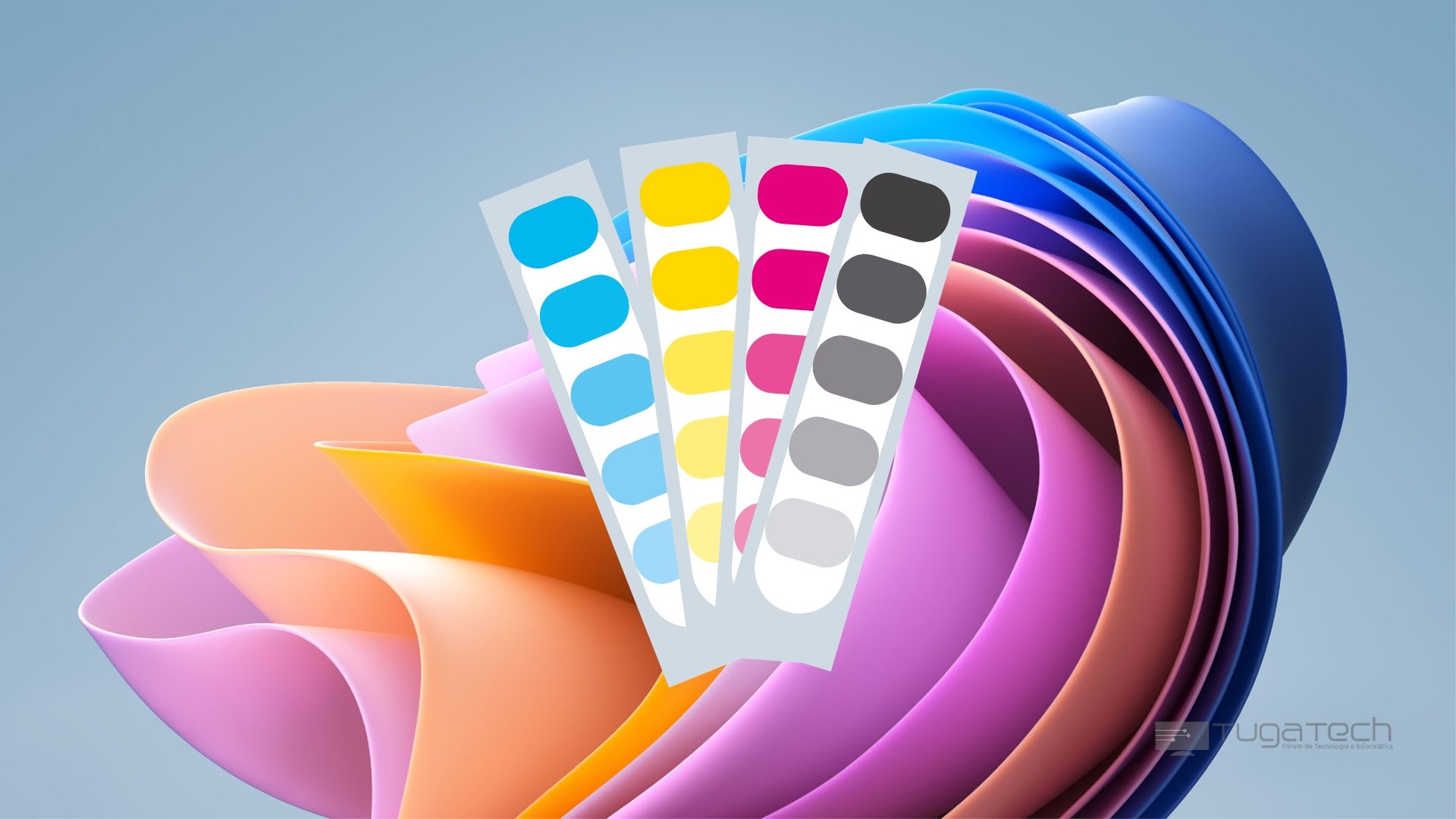 Windows 11 com fundo sobre palete de cores