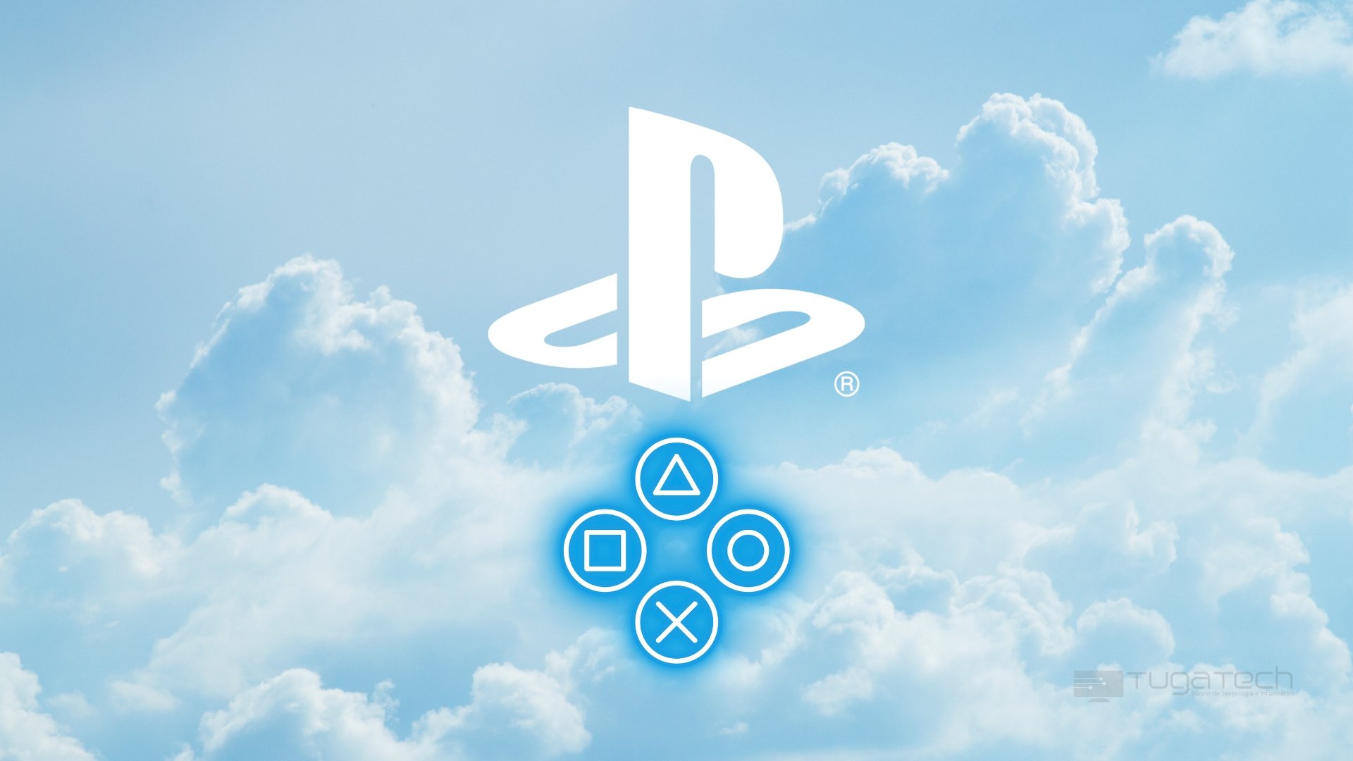 PlayStation com logo dos botões no comando e nas nuvens