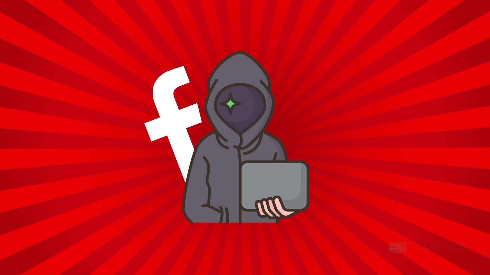 hacker sobre logo do facebook e fundo vermelho