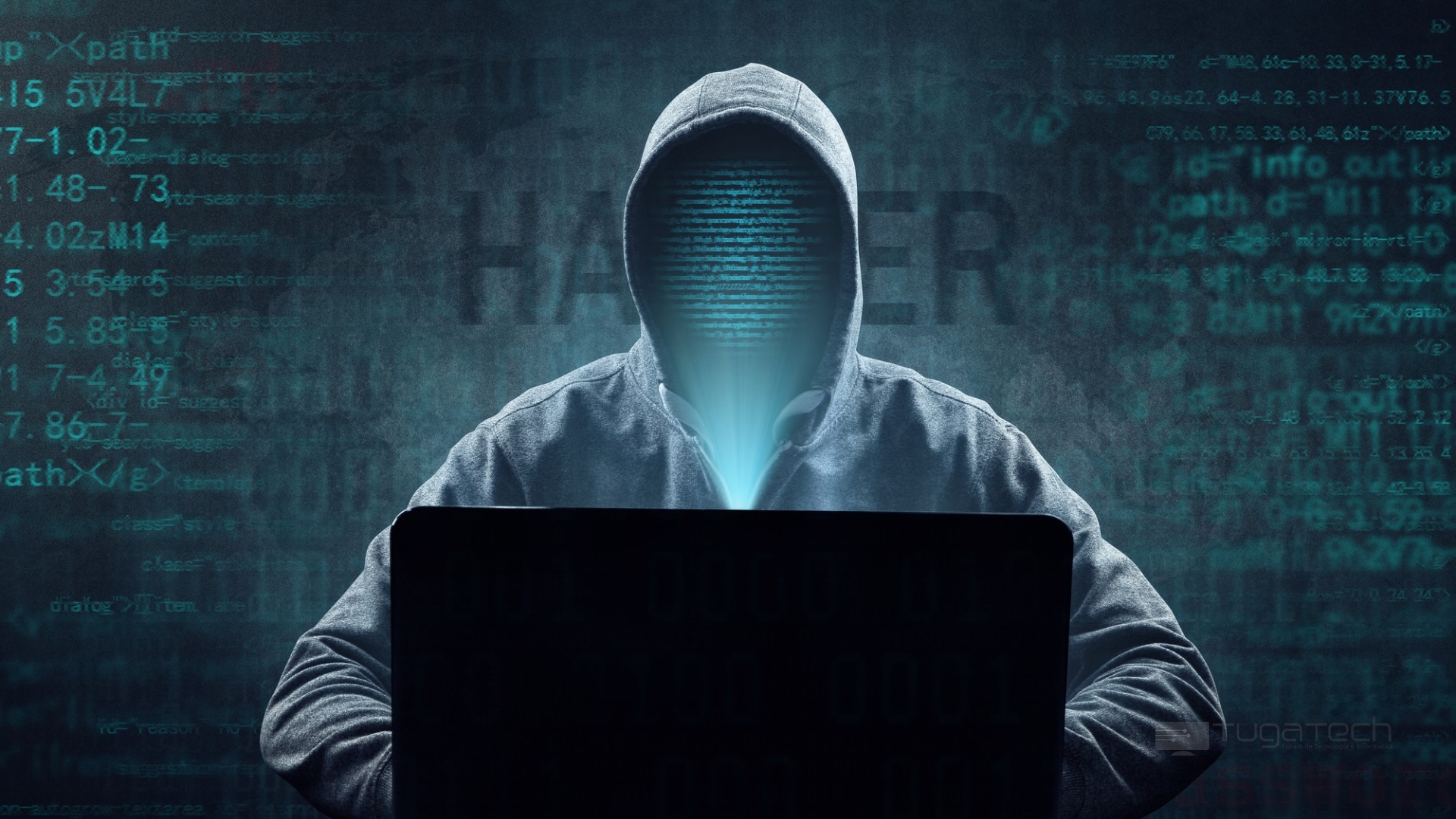 Hacker sobre rosto no computador