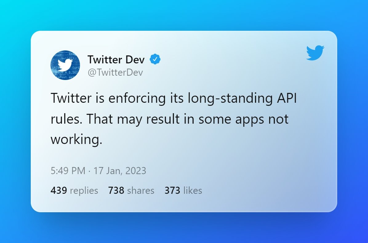 mensagem do Twitter sobre alterações nas regras da API