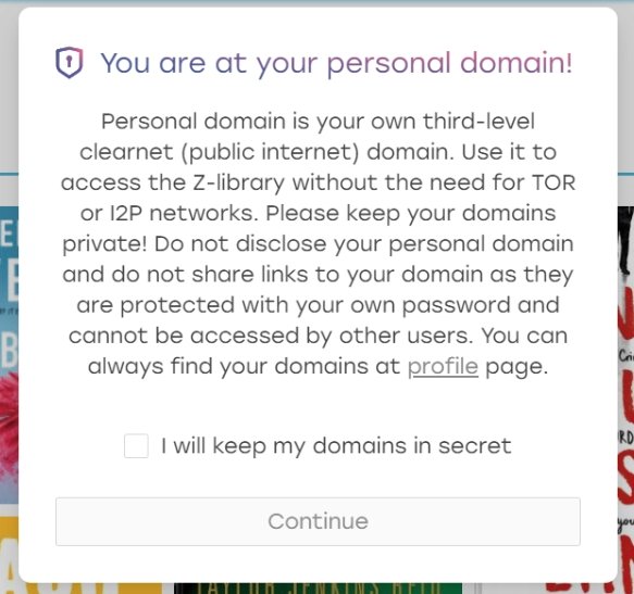 mensagem no site sobre domínios pessoais do z-library