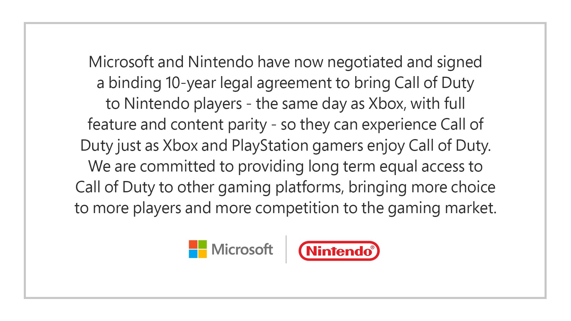 comunicado da Microsoft com acordo da Nintendo