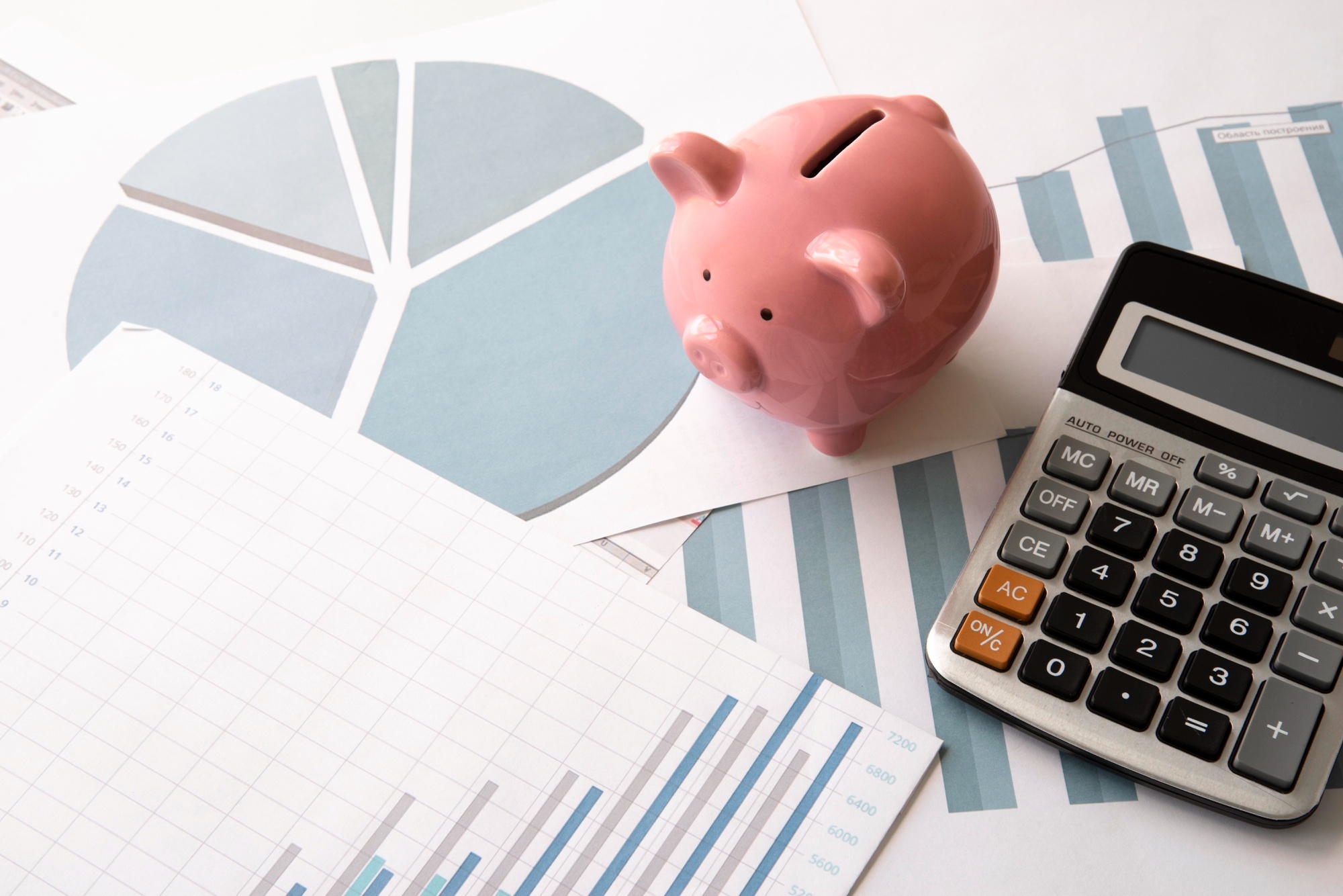 Finanças com documentos e porquinho