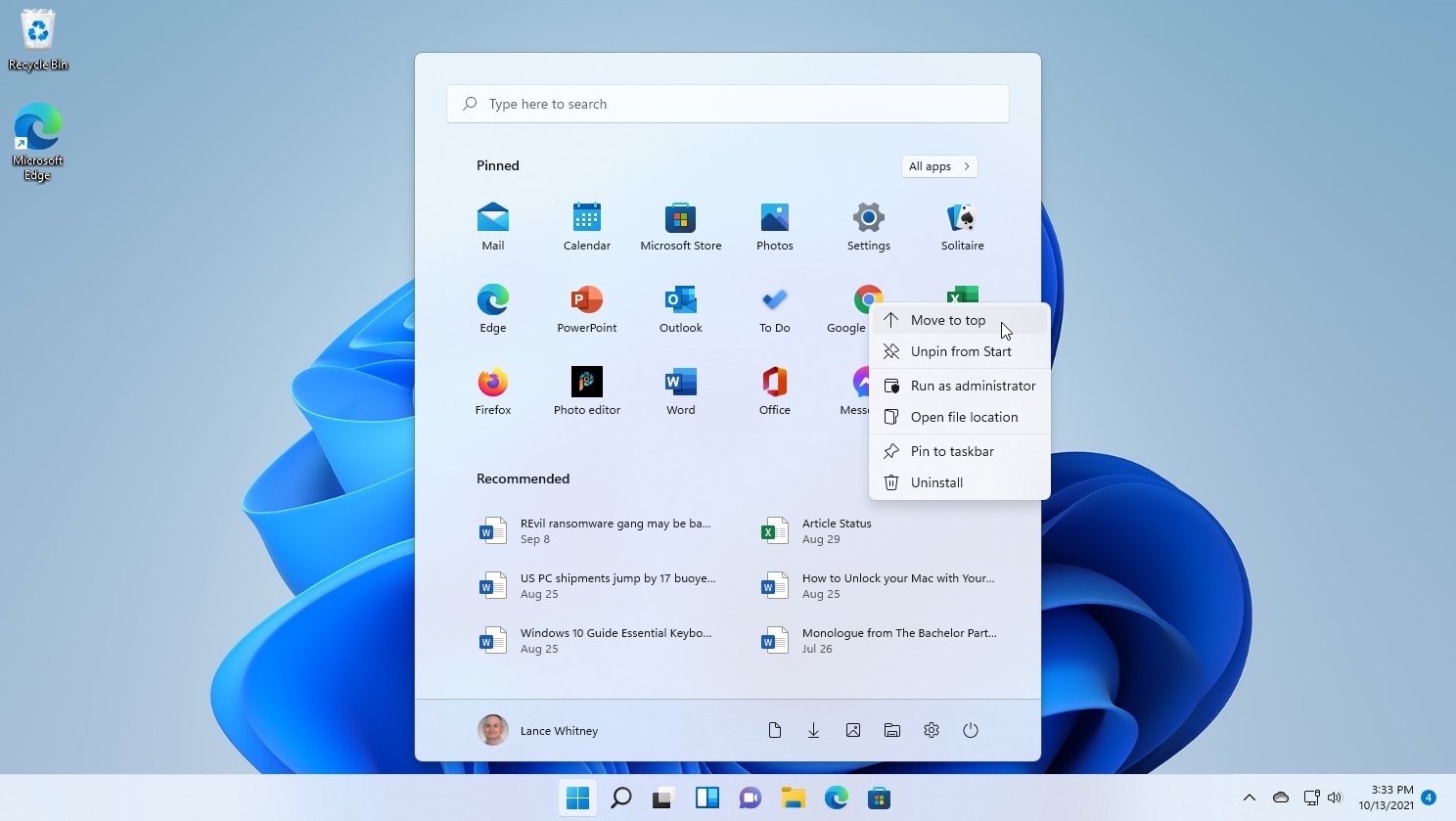 Windows 11 menu inicial dos sitema