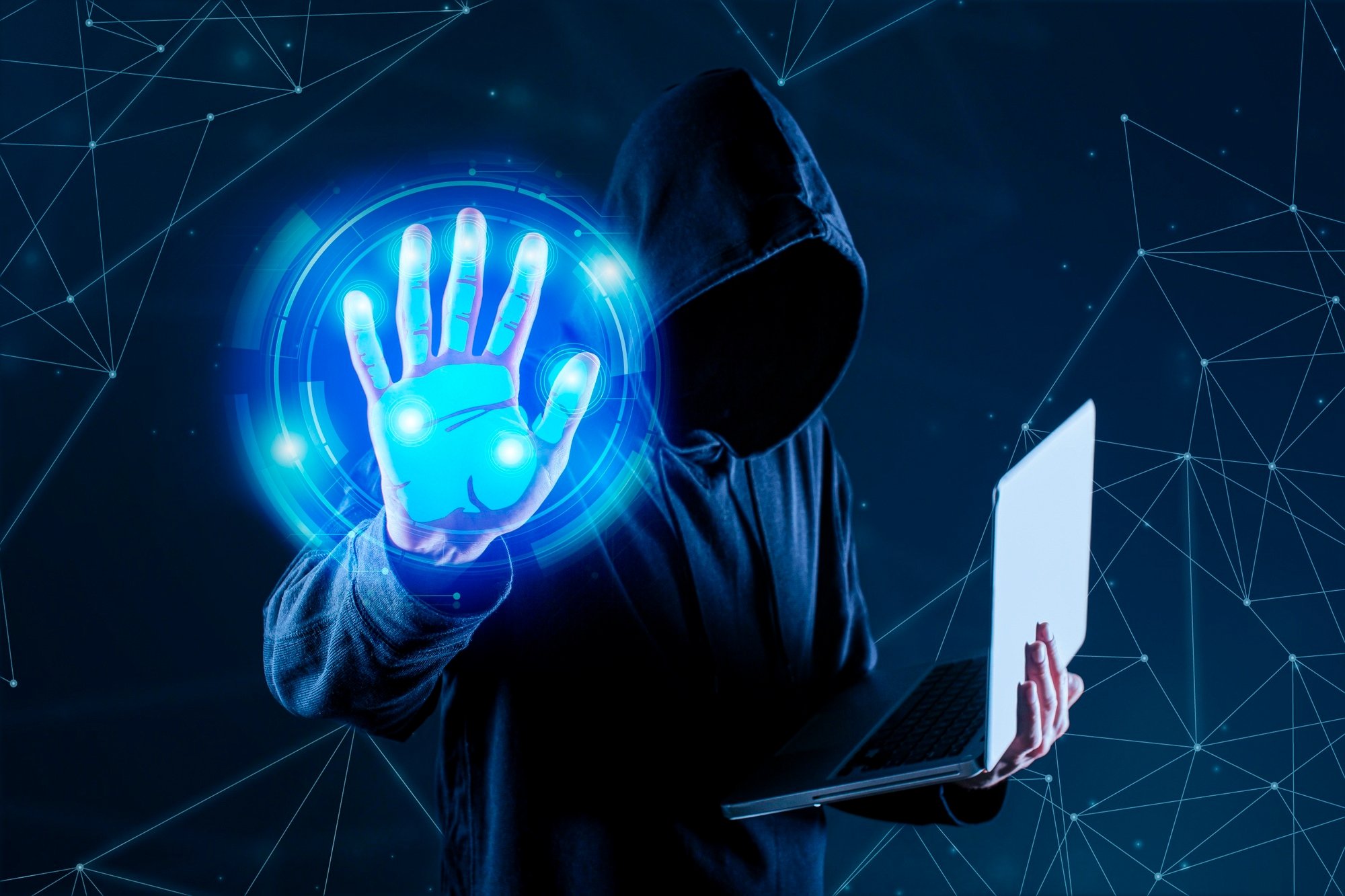 hacker com a mão sobre conteúdo digital