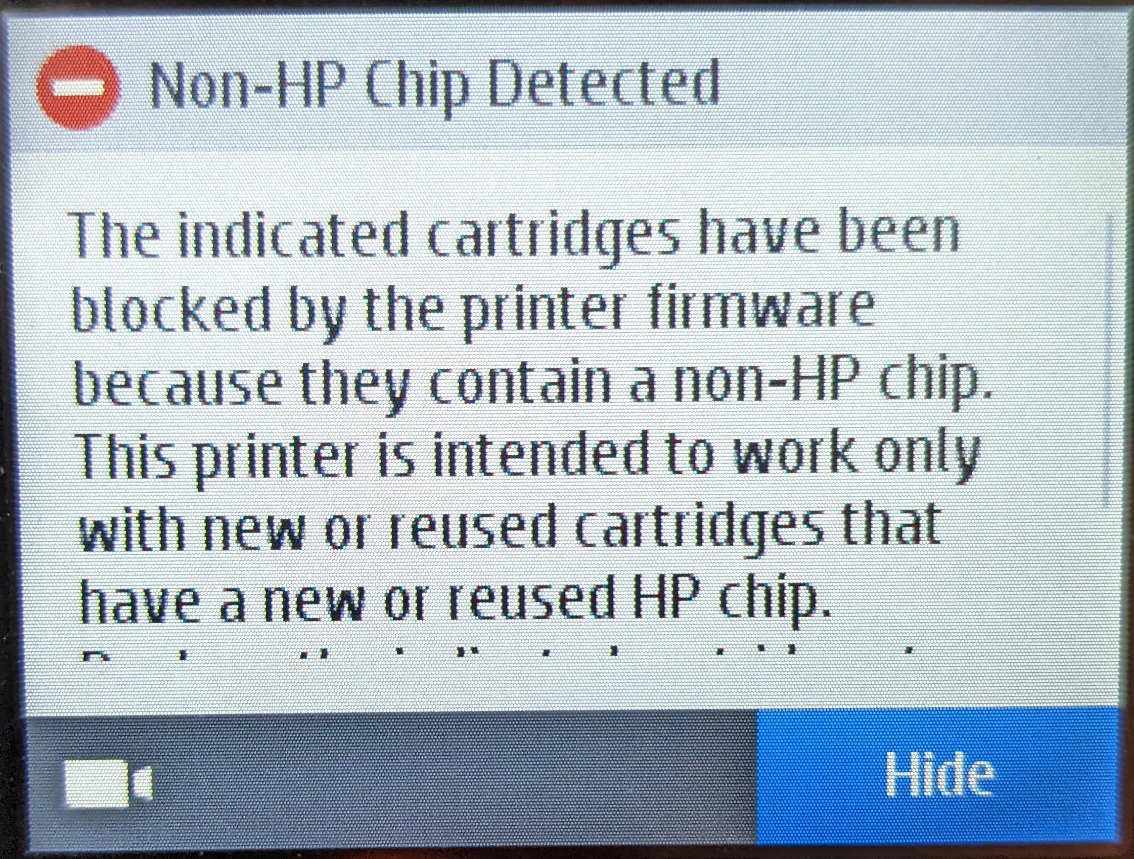 mensagem de erro de tinteiro não genuino da HP