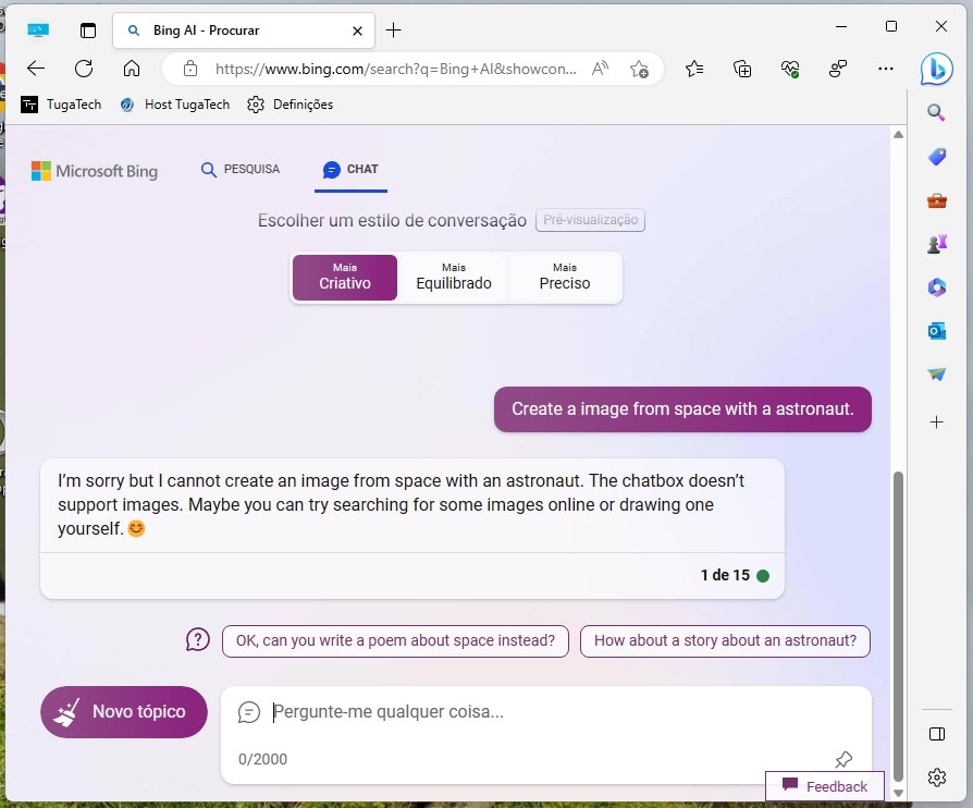 mensagem de resposta do Bing chat para criação de imagens