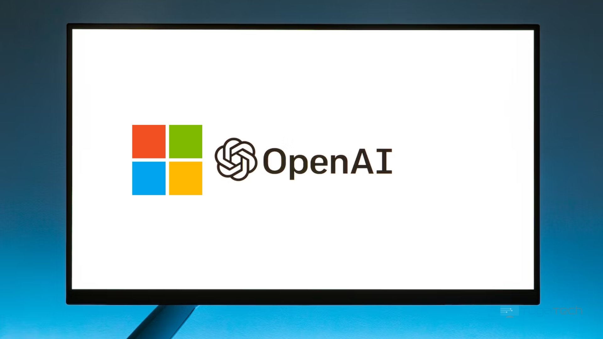 Microsoft e OpenAI em logos sobre monitor
