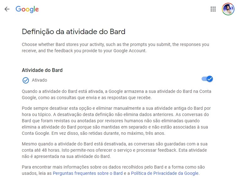 definições de privacidade do google bard