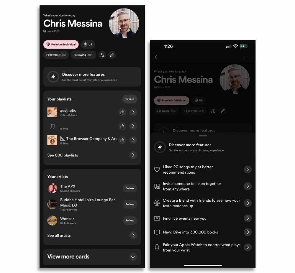 Nova interface do perfil de utilizadores no Spotify