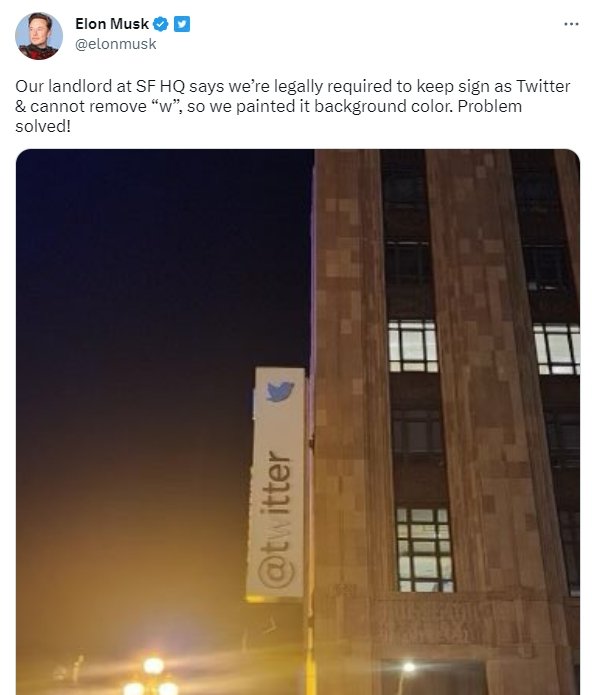 Mensagem de musk sobre pintar o w de Twitter na sede