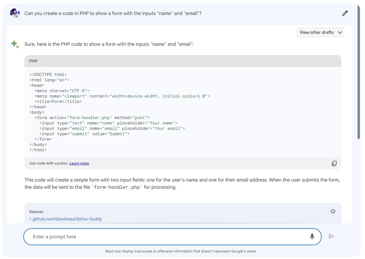 Google Bard a criar código PHP