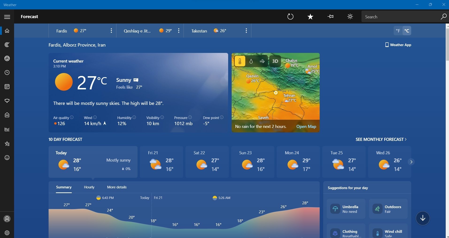 Nova página da aplicação de meteorologia da Microsoft
