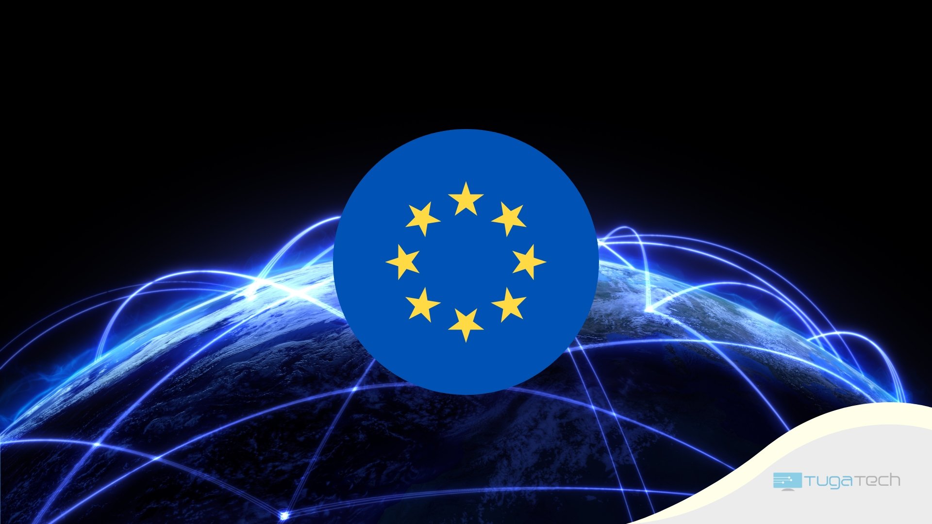 Internet como fundo e o logo da Comissão Europeia na frente