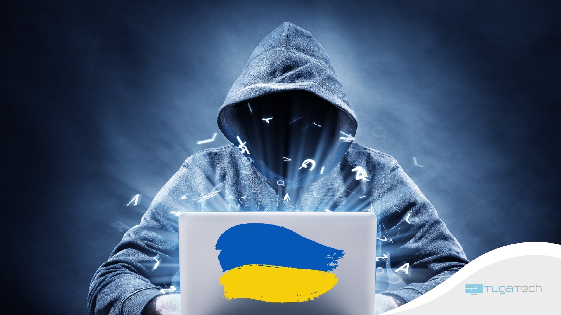 Hacker em computador com bandeira da Ucrânia