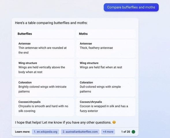 Bing Chat com novas tabelas e edições