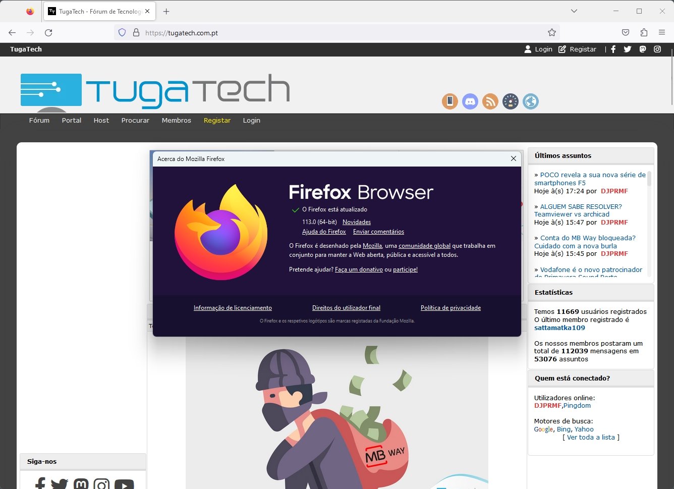 Firefox com janela de informações aberta