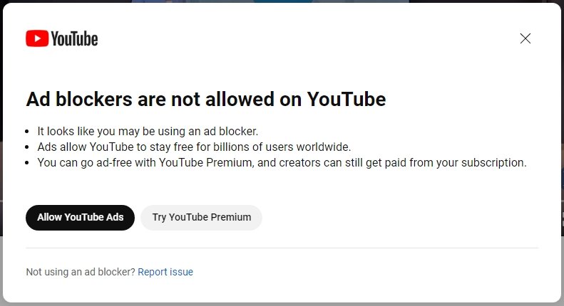 Mensagem de bloqueio a publicidade no Youtube