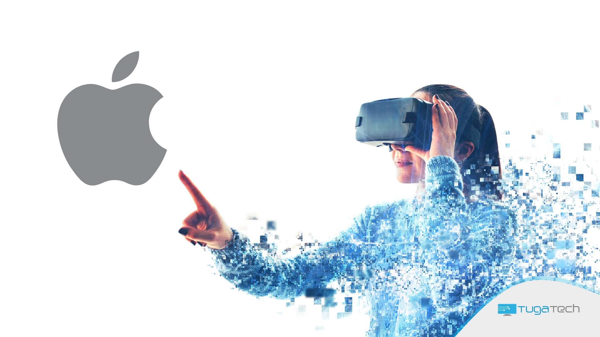 Logo da Apple ao pé de senhora com dispositivo de Realidade virtual