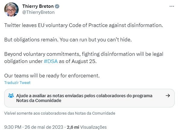 mensagem de Thierry Breton contra o Twitter