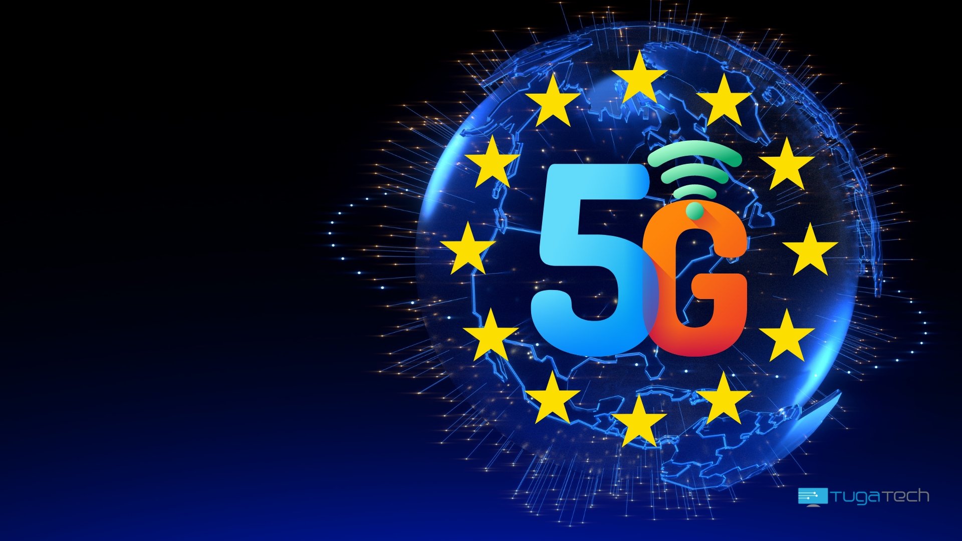 Rede 5G com globo e ícone da união europeia