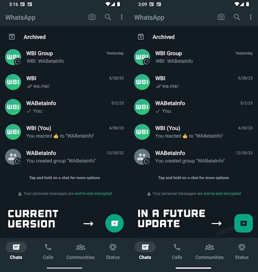 nova interface do WhatsApp com design material you