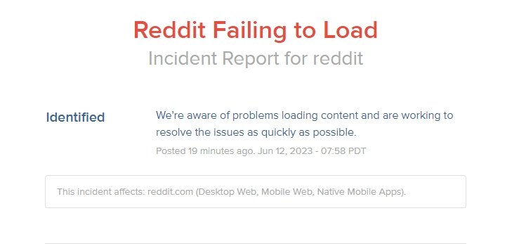 Página de estado do Reddit a confirmar falhas