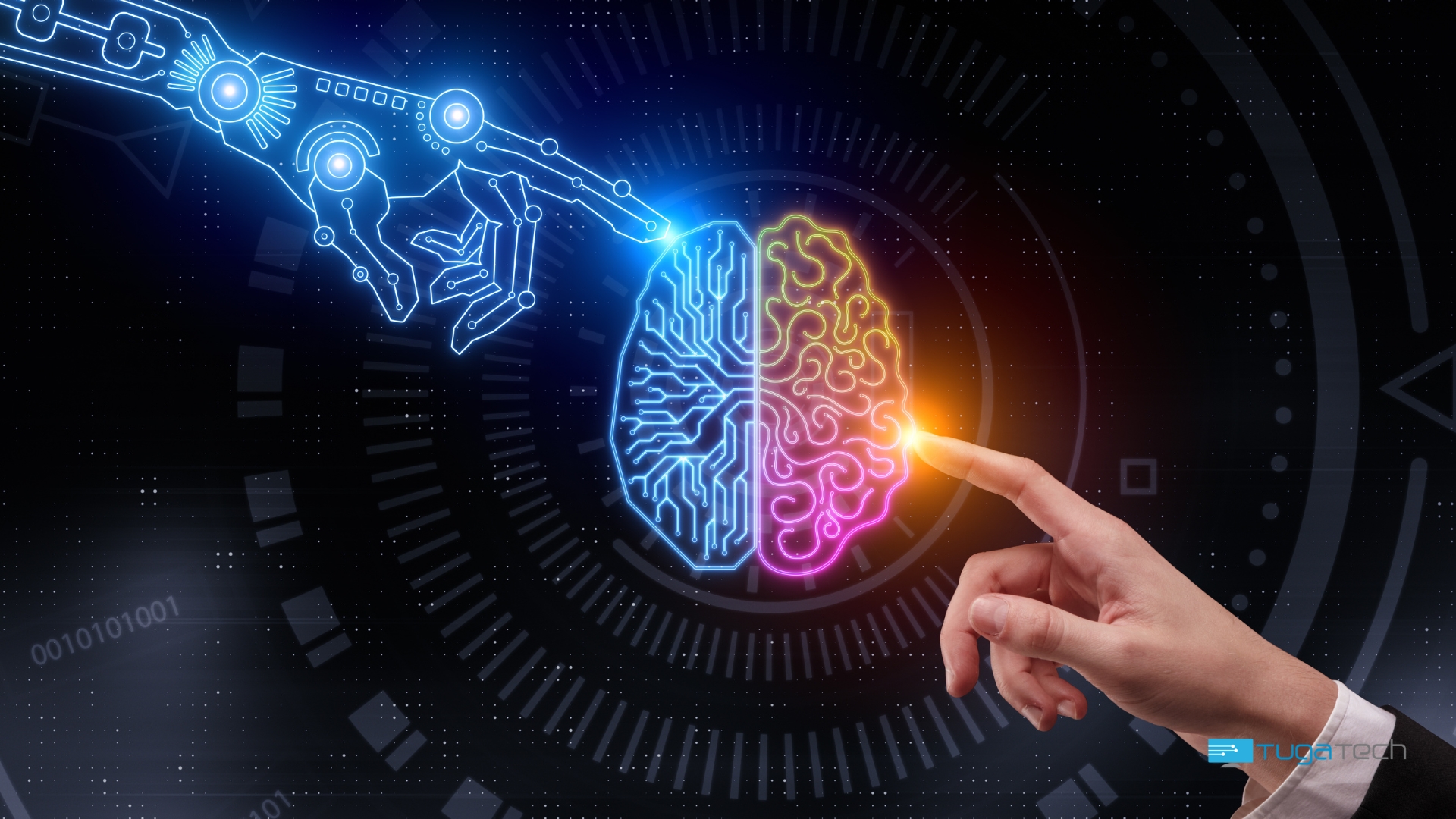 Cerebro no meio, com IA e mão humana das duas partes