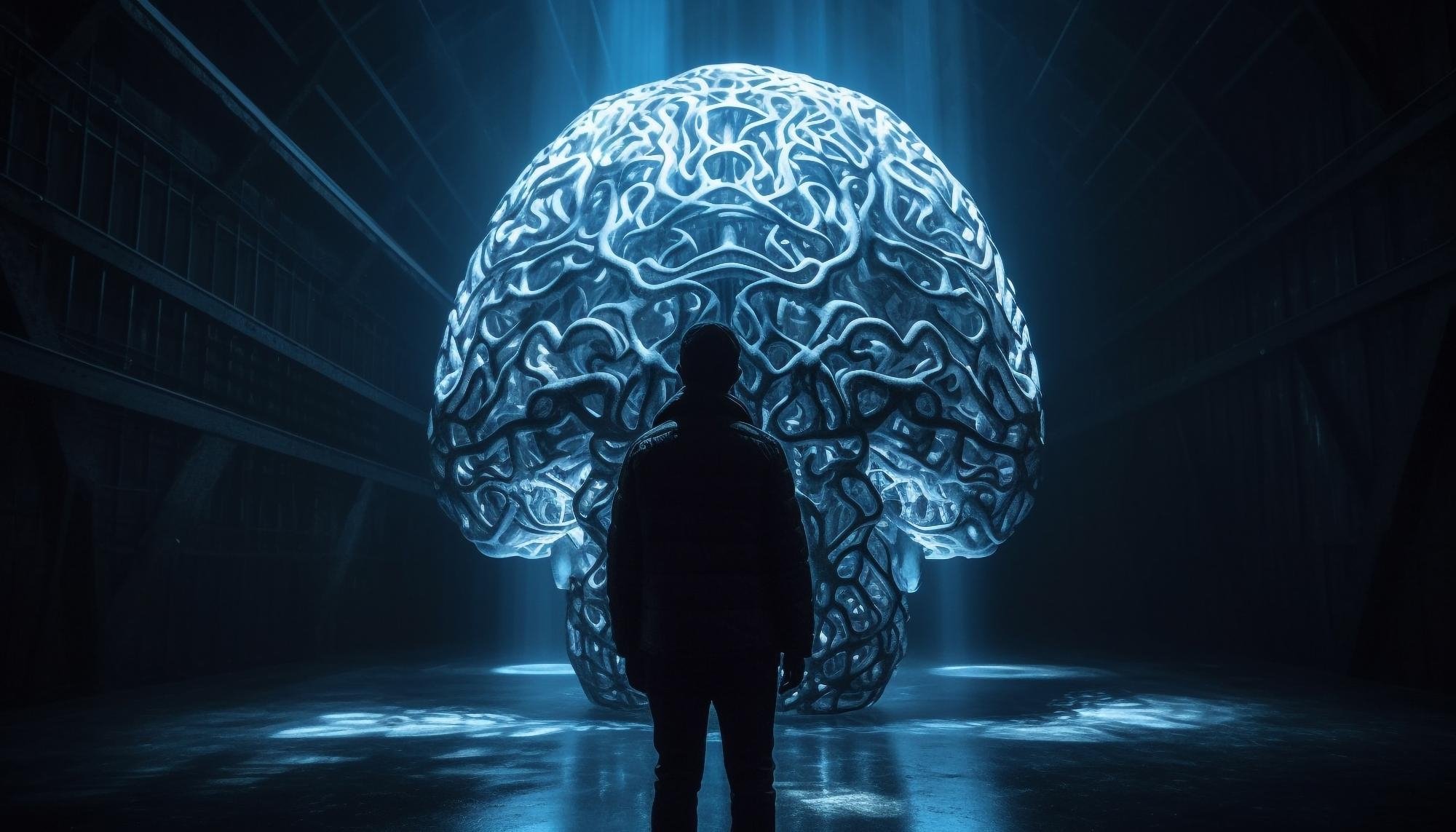 Homem em frente de cérebro digital