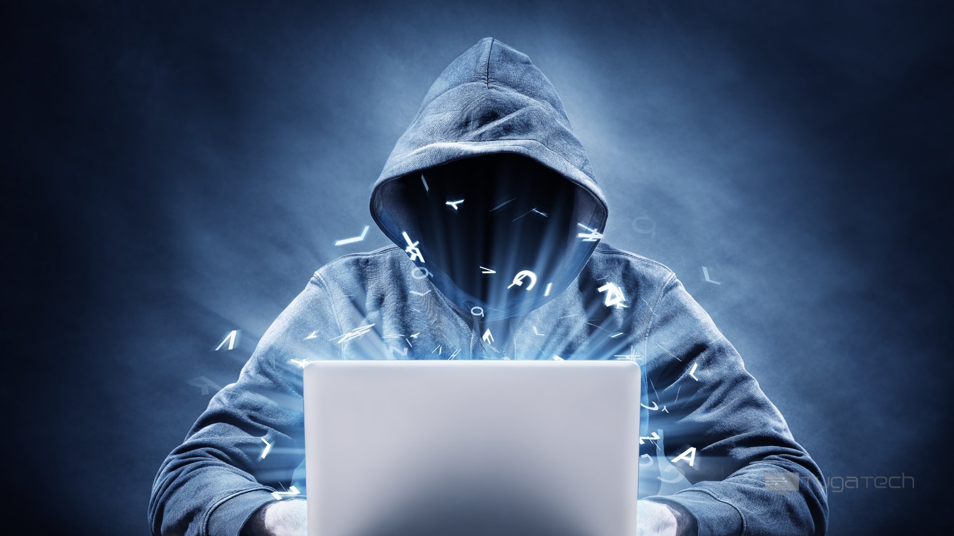 Hacker em frente de computador com fundo digital
