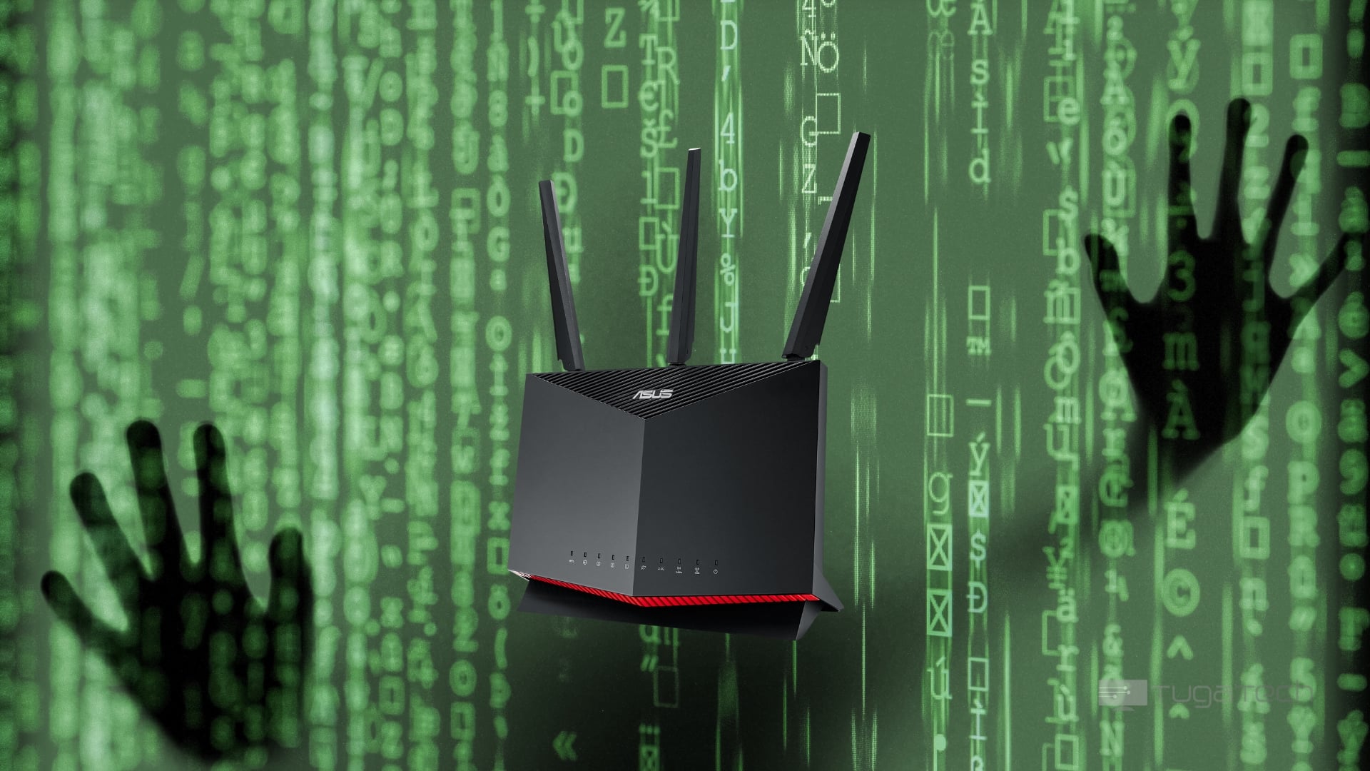 Router da Asus com fundo de hacker