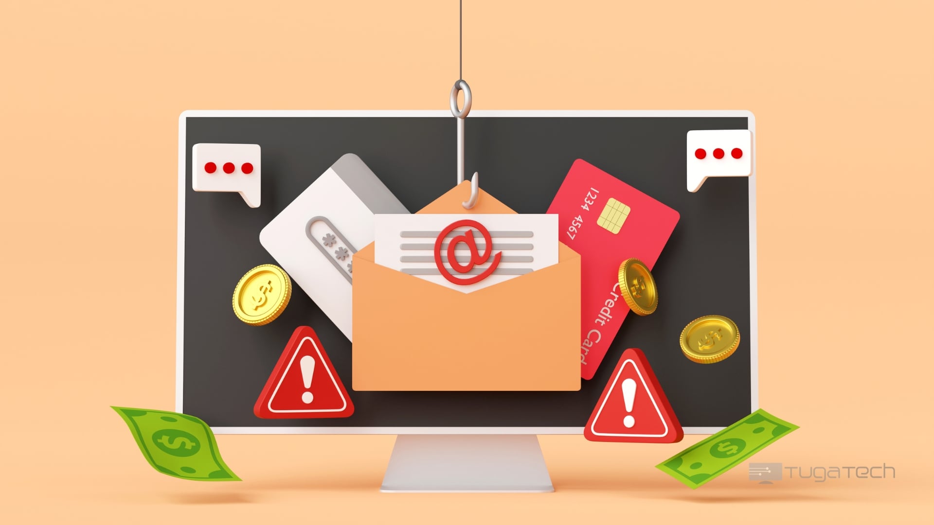 Esquema de phishing em ecrã de computador