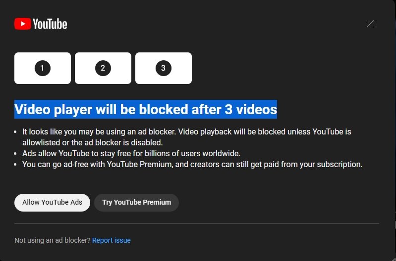 mensagem de alerta do YouTube sobre bloqueadores de publicidade