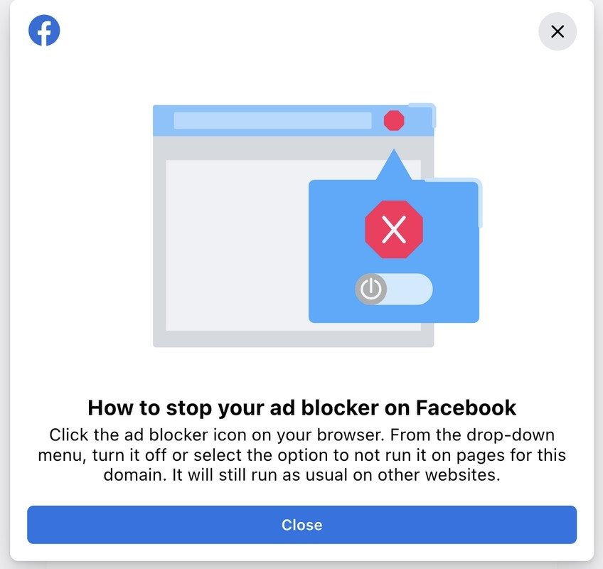 mensagem de alerta do Facebook para sistemas com publicidade bloqueada