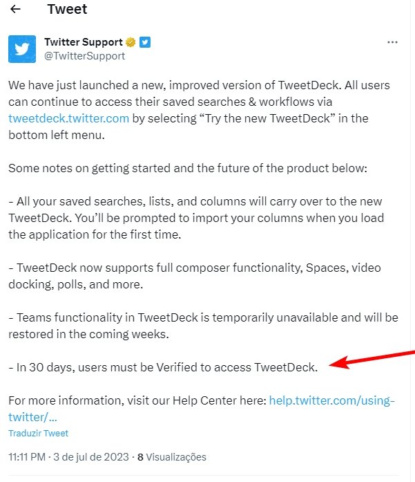 Mensagem de confirmação do Twitter sobre tweetdeck
