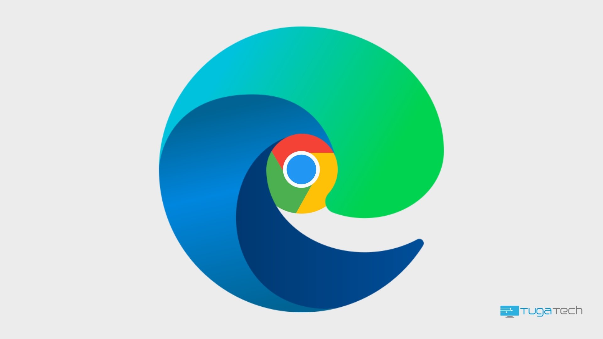 Microsoft Edge com logo do Chrome em fundo