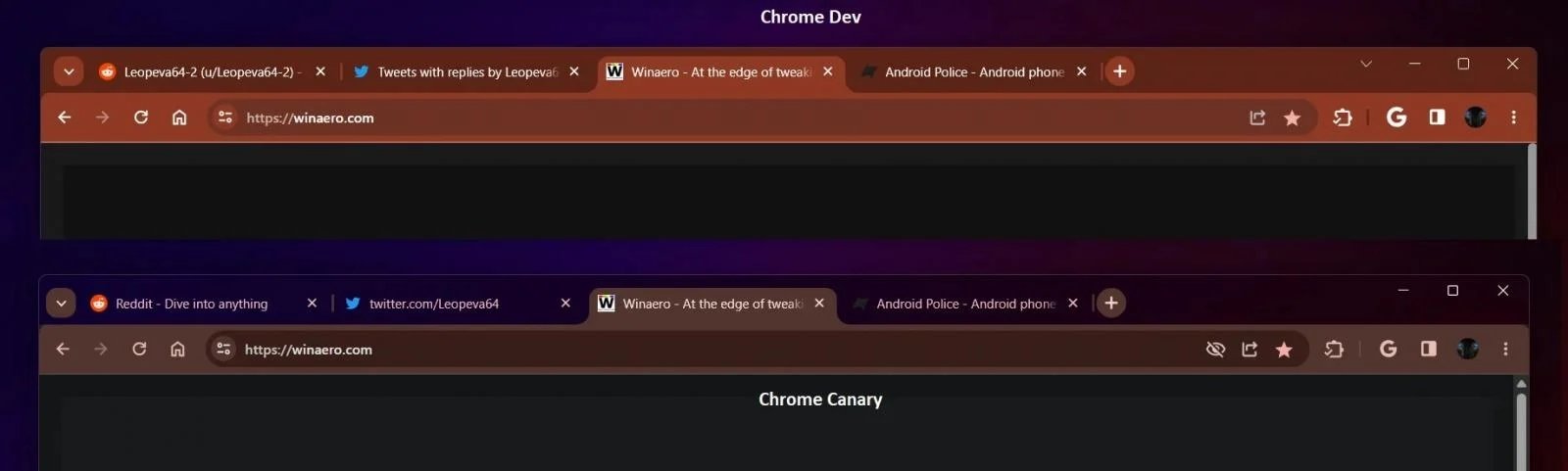 imagem de comparação do tema do Chrome