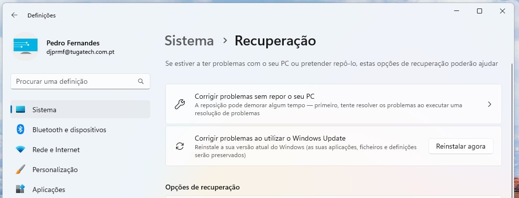Nova configuração de recuperar sistema via o Windows Update