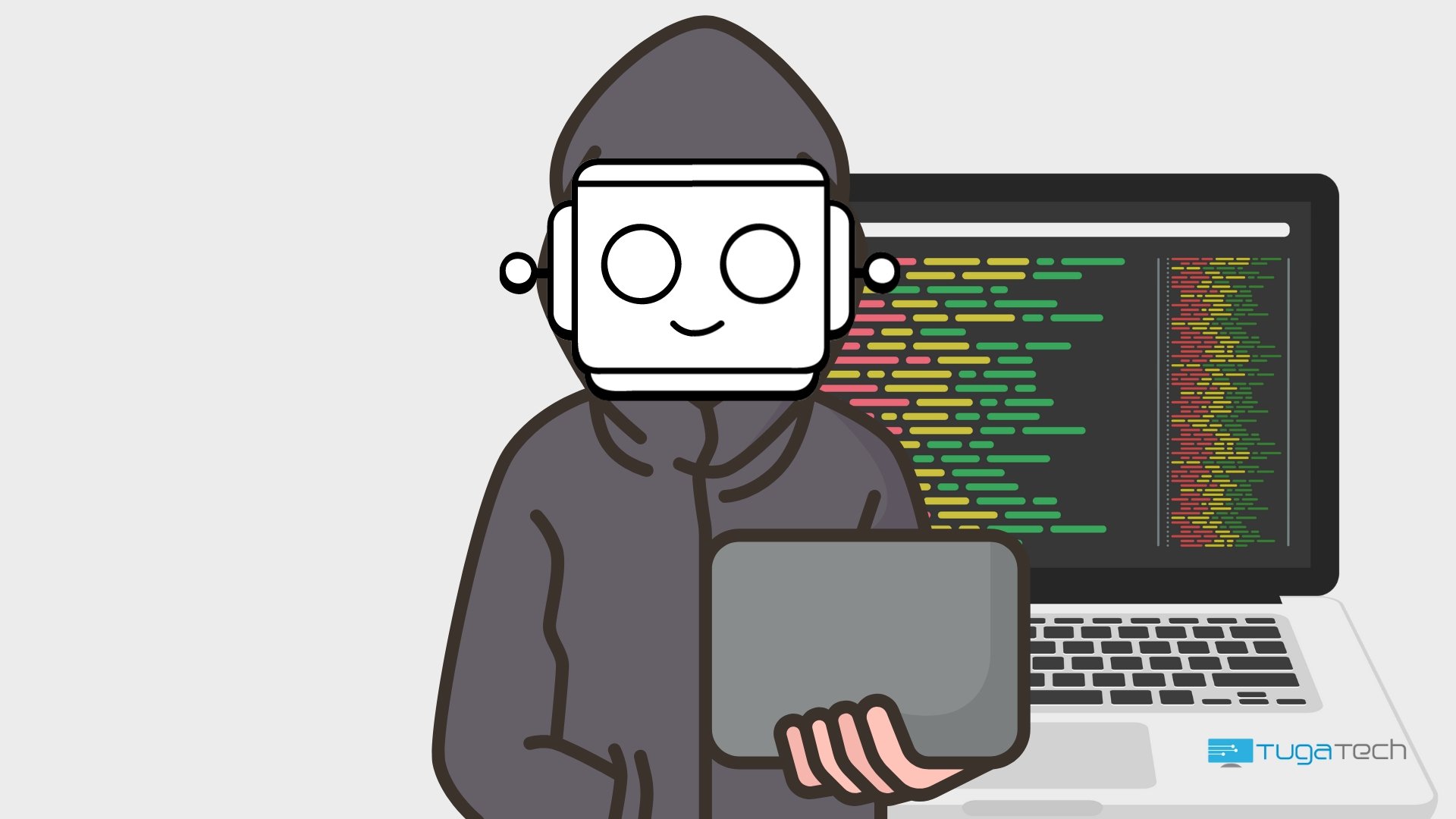 Hacker em frente de computador com cara de robo