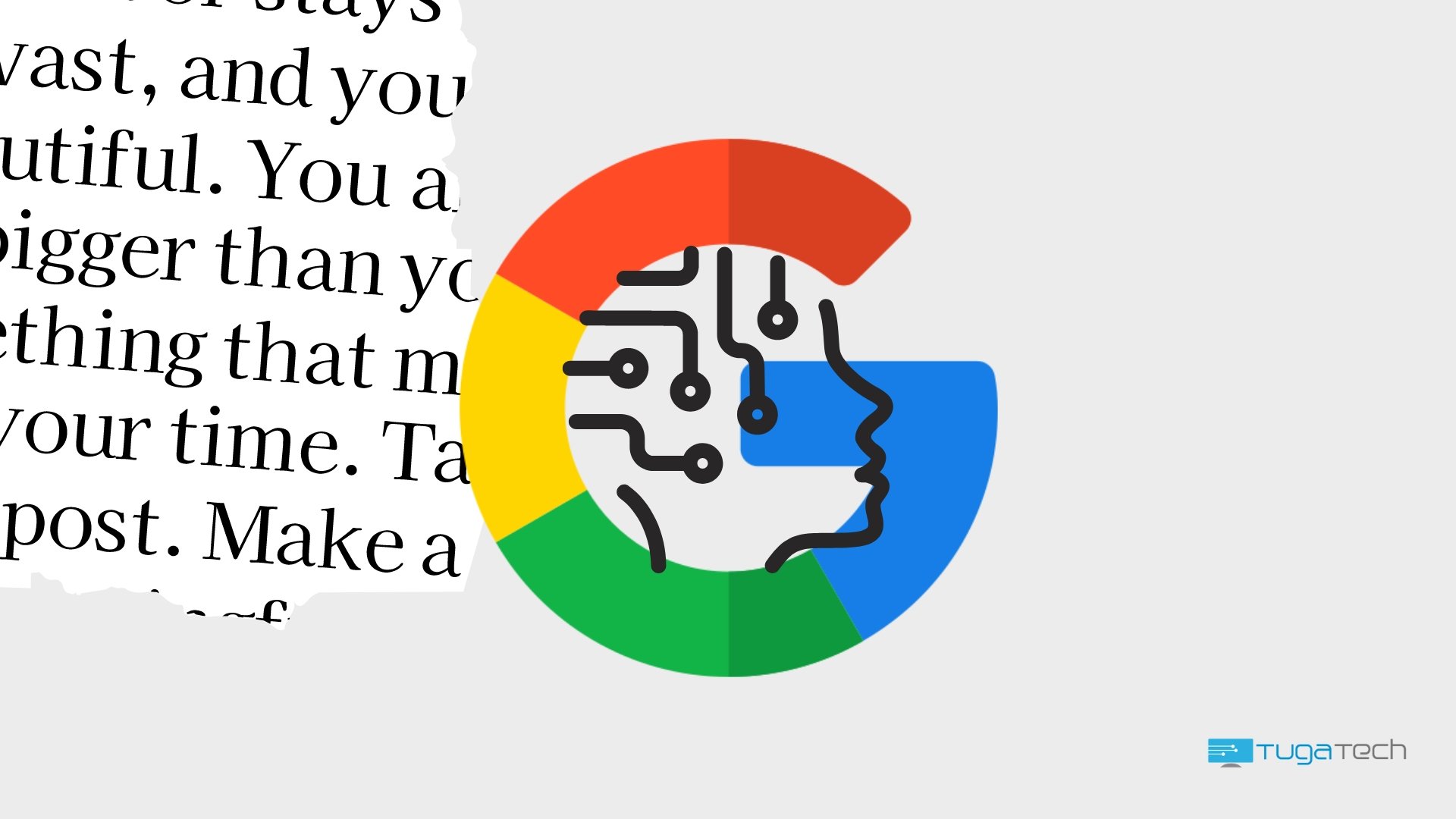 Google com IA e jornal rasgado de fundo
