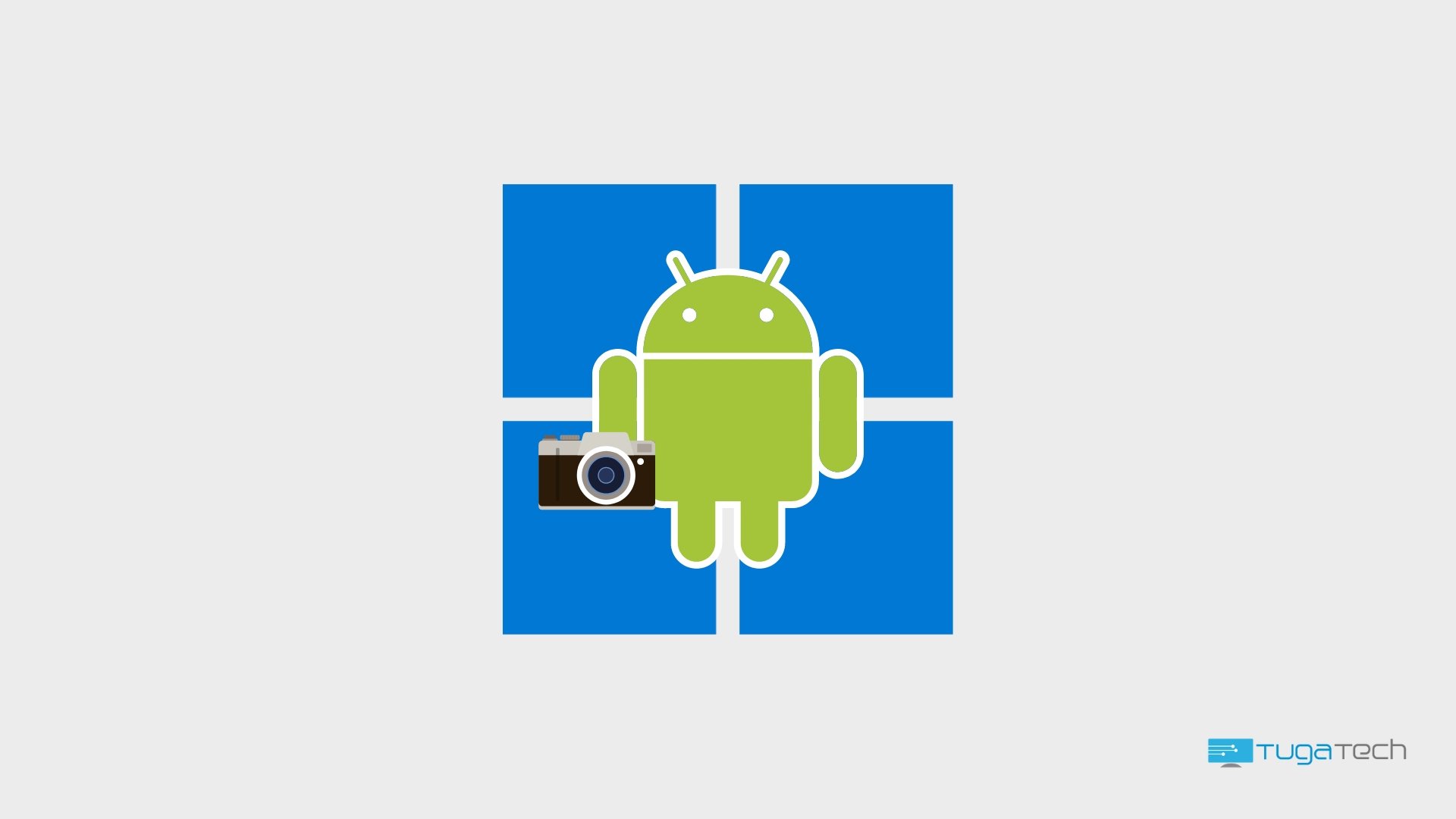 Android com camara sobre o logo do Windows 11