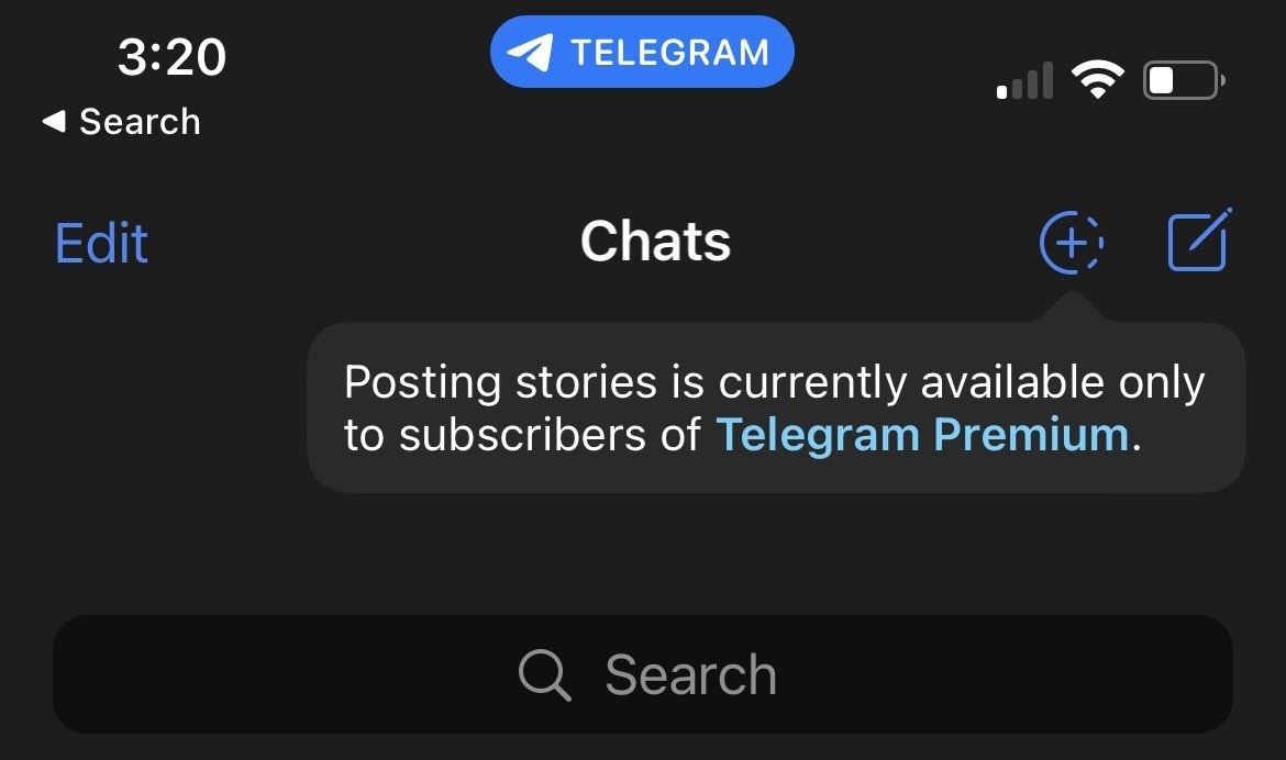 Alerta para a publicação de stories no Telegram a indicar que é necessário premium para a tarefa