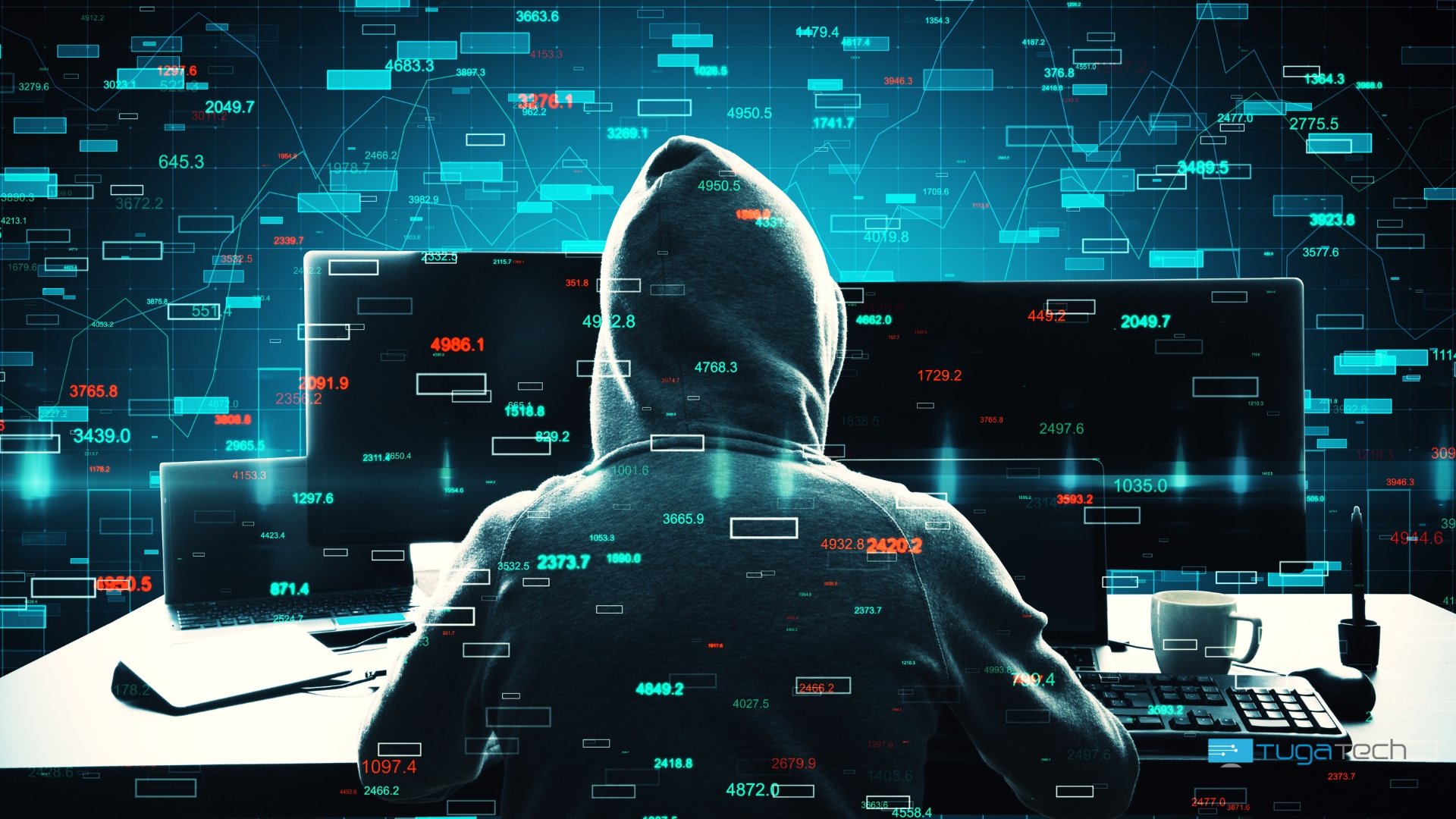 hacker em frente de computadores com fundo de formato digital