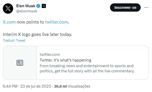Mensagem de Elon Musk a confirmar redirecionamento para o X