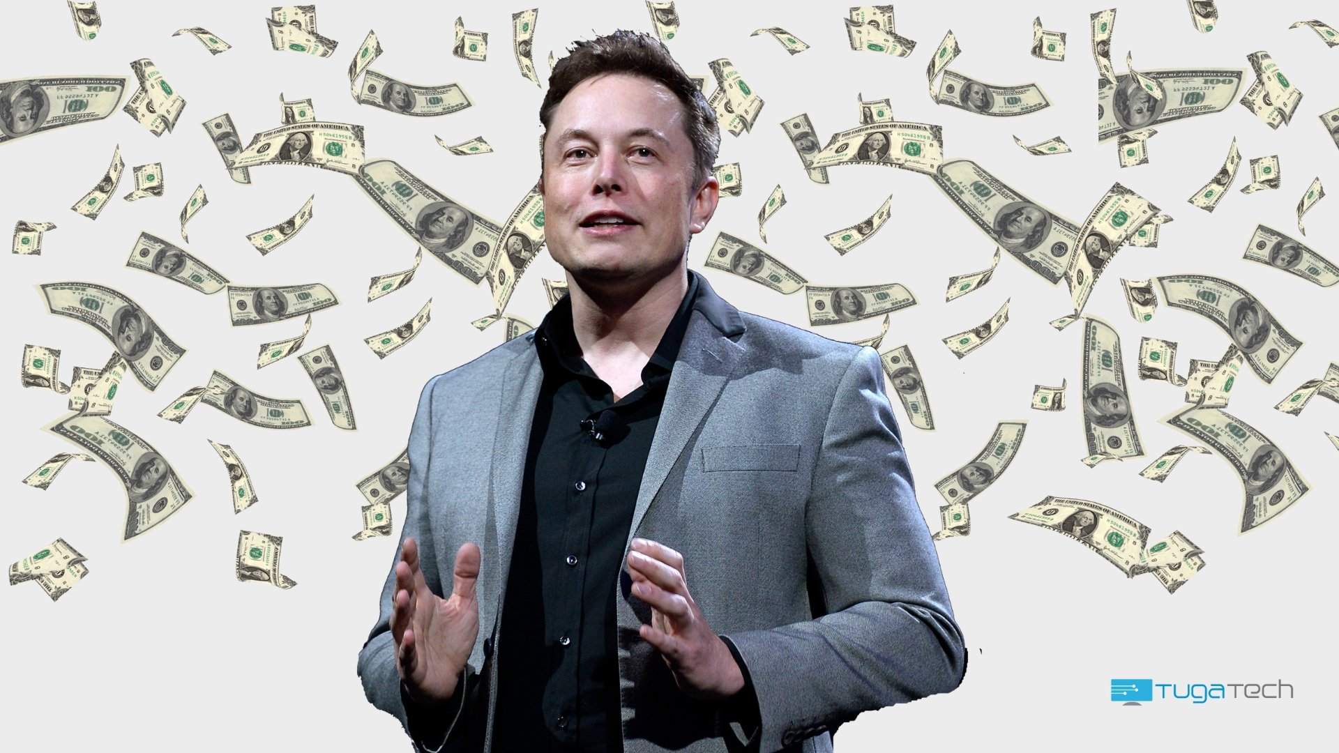 Elon Musk com fundo de dinheiro a cair