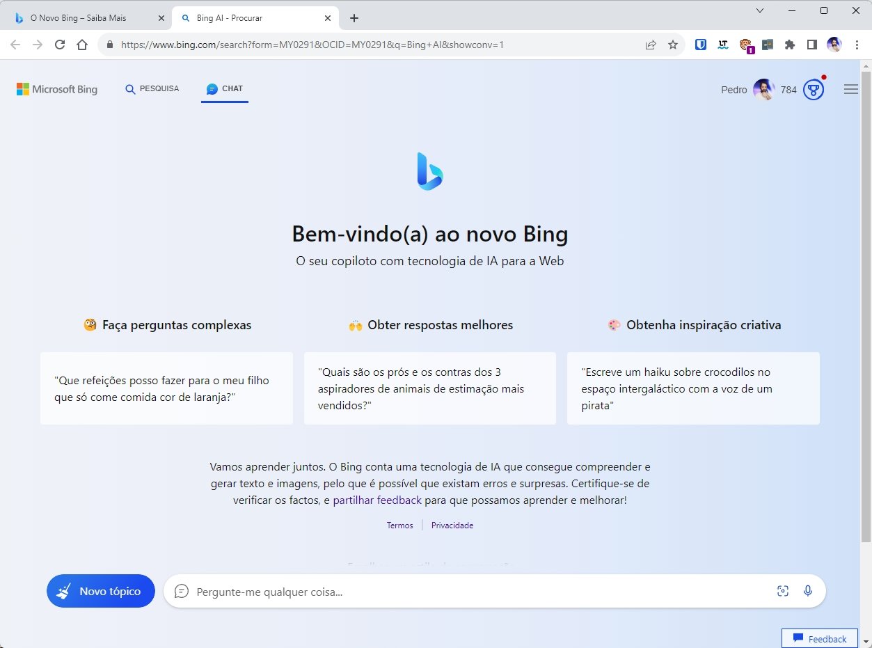 Bing Chat a carregar no Google Chrome