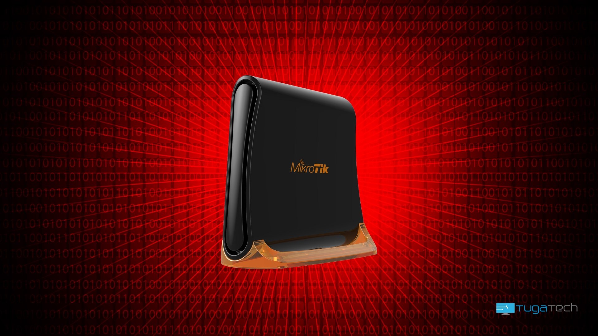 Router da MikroTik com fundo vermelho de código binário